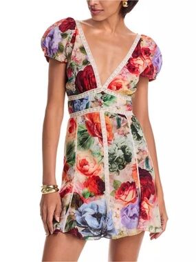 Alice + Olivia Lara Deep V Neck Lace Trim Floral Puff Sleeve Mini Dress Sz 8